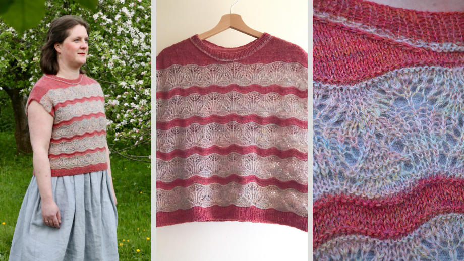 A boxy top in two colours with a floral lace motif broken up with wavy sections of stockinette