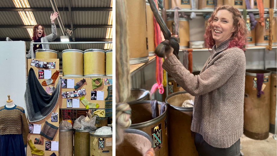 Laura gives us a wave as she finishes building a show stand and, later, measures out some tops for a customer, surrounded by tops cans.