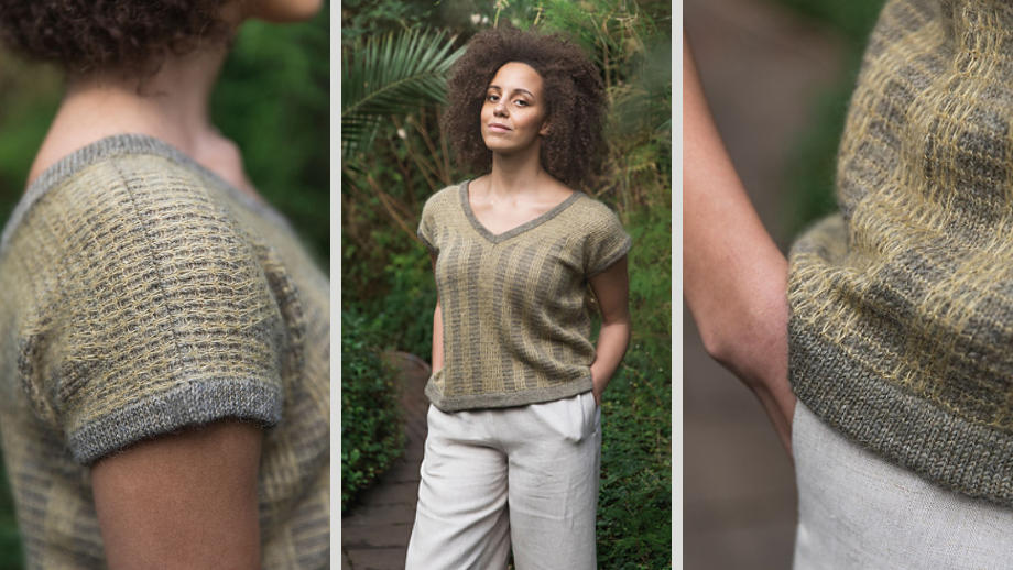 a v-neck, short-sleeved top knitted in slip stitch colour work to give a subtle vertical stripe.