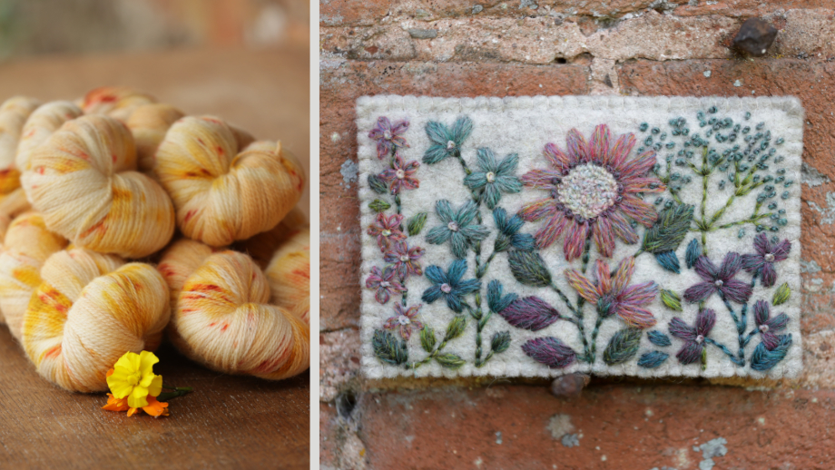 A yarn with a natural white base and large saffron yellow areas with darker speckles where flower petals sat during dyeing. And an embroidered floral sampler. 