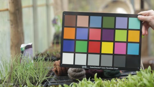 a hand holding a photographers colour checker card in front of some yarn