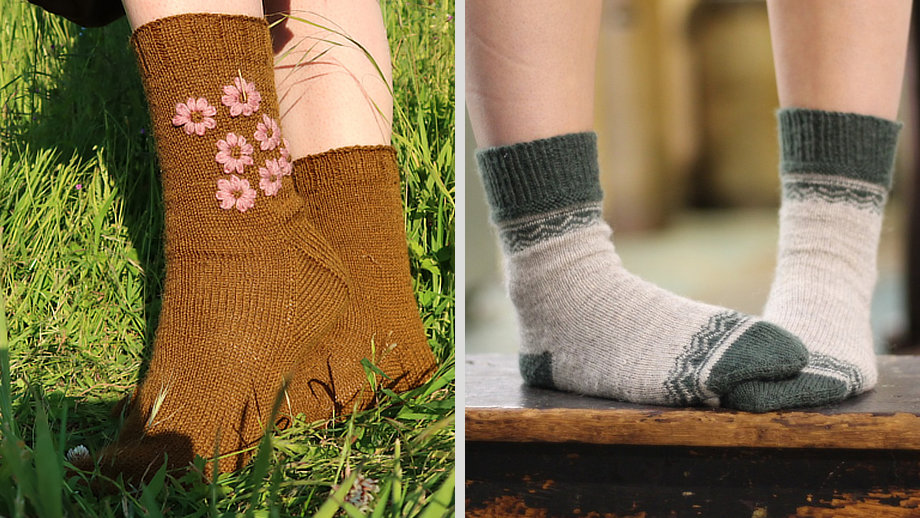 Blathan socks, shown in a solid brown with pink embroidered flowers and Why Not, show with a solid grey main colour with contrasting dark green toes, heels, cuffs and short panels of colour work at either end.