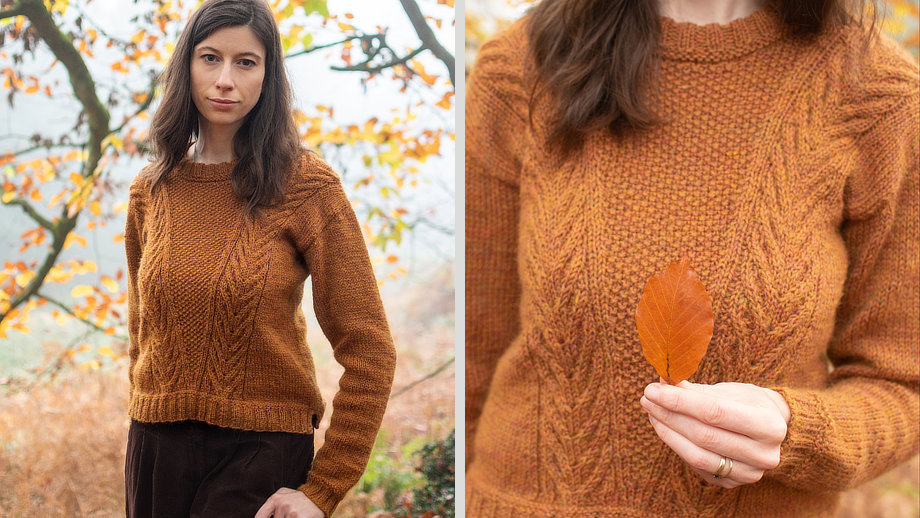 Marina wearing her 'Beechmast' sweater, a drop-shoulder, long-sleeved pullover with a long v-shaped moss stitch panel in the middle, extending from the neckline to the bottom ribbing. This panel is bordered by stag horn cables running all the way up to the shoulder. The sample is knitted in 'Fallen leaf', a lovely burnt-orange.