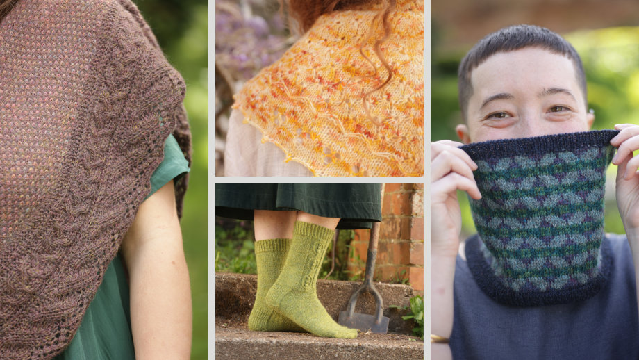 A selection of projects from The Annual 4: a linen stitch, cable-edged shawl, socks with a peapod theme, a shawl with a broderie-Anglais style pattern and a floral-inspired geometric cowl.