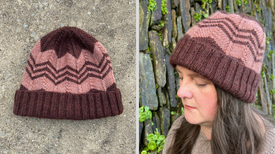 a hat with folded, ribbed brim. Dark brown is used for the rib and crown while a pinky-orange creates a broad chevron stripe in the middle containing three thin brown chevron stripes.