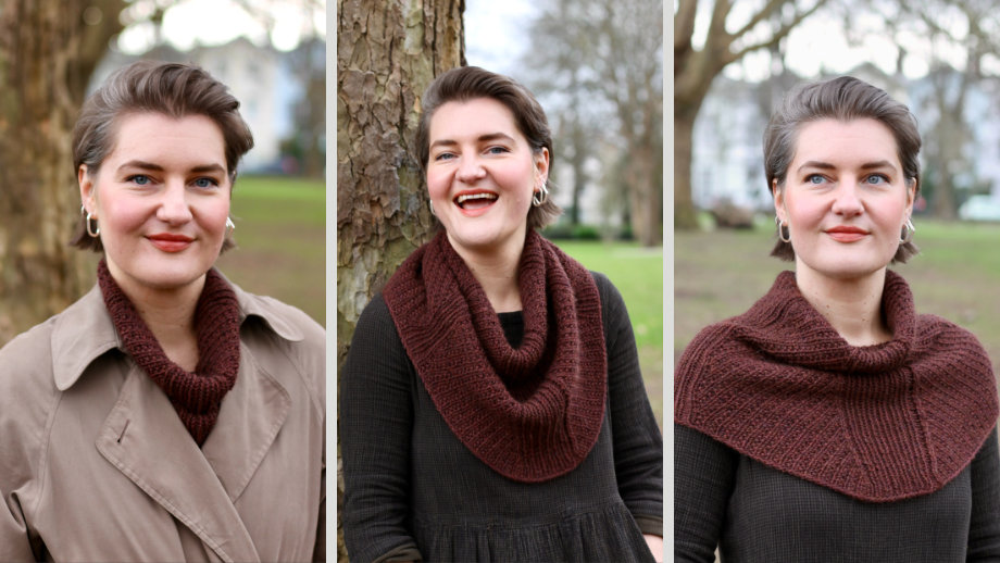 cowl with a central section of vertical lines, bordered by diagonal rib. Styled three ways: under a coat, loose around the neck and pulled down to cover the shoulders 