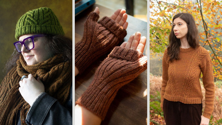 Melisima: A hat and scarf with cables that merge beautifully with the ribbed background; Roddin mitts: ribbed mitts in which the thumb shaping creates a bold diagonal like across the palm; Beechmast: drop-shoulder sweater with a round neck and textured, deep V design bordered by cables.